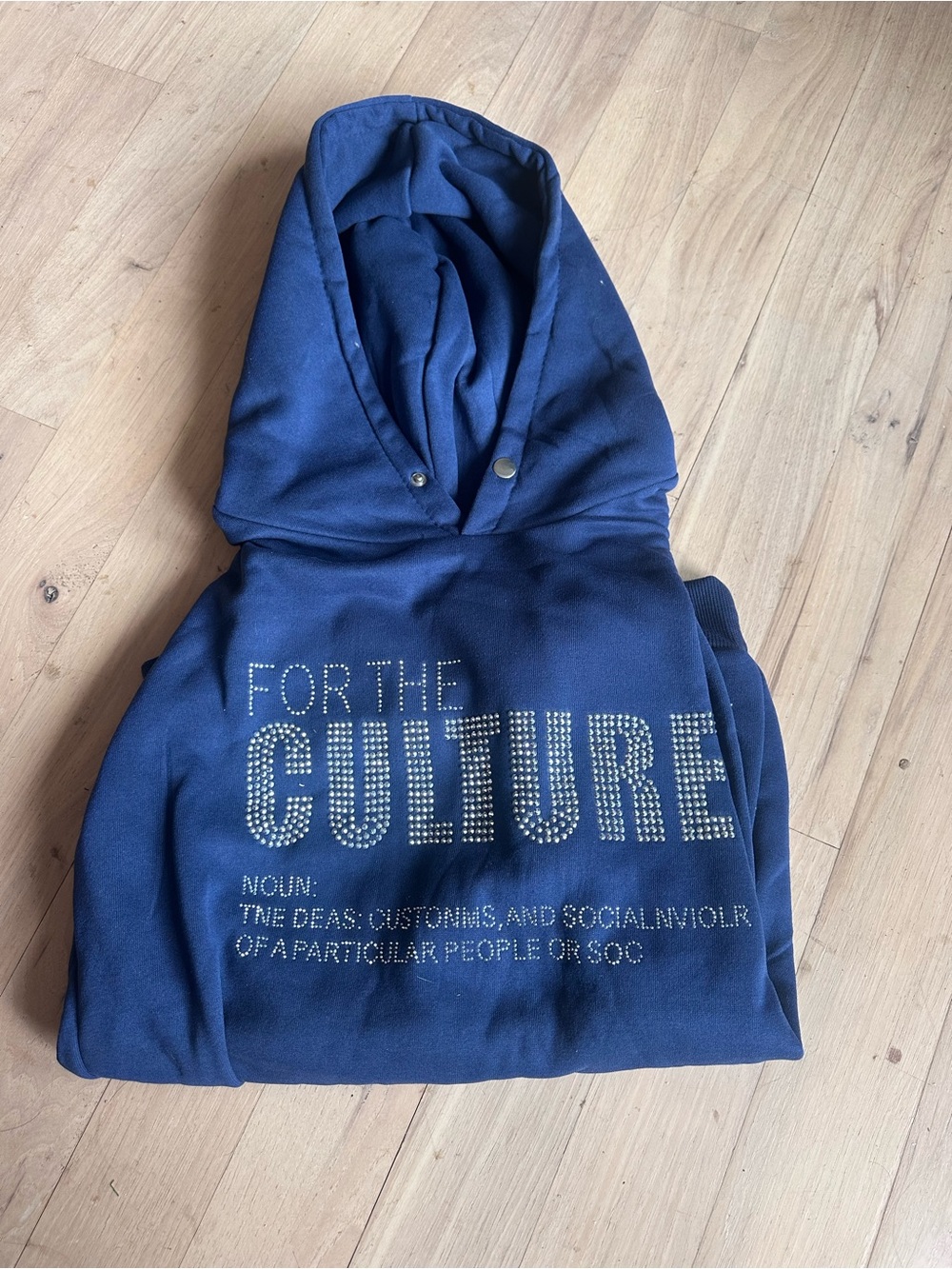 Navy Blue Hooded Sweatshirt with 'For The Culture' Rhinestone Design